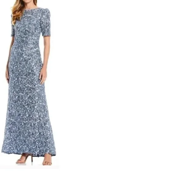 Xscape Womens Petites Sequined Maxi Evening Dress Blue 2P